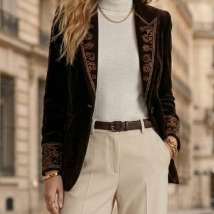 Blazer sastrero de terciopelo marrón oscuro con bordados dorados en puños Chiara Vestimenta
