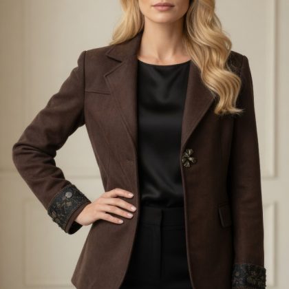 Blazer sastrero de gamuza marrón diseño de autor Chiara vestimenta uruguay