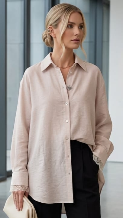 Camisa oversize color beige claro modelo Lore con detalles de puntilla en los puños Chiara Vestimenta