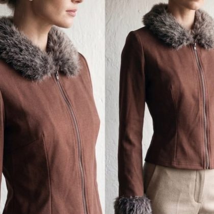 Chaqueta liviana color marron con cuello y puños de piel sintetica modelo Catalina Chiara Vestimenta