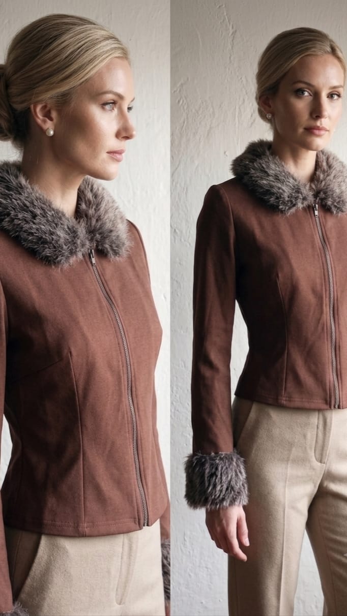 Chaqueta liviana color marron con cuello y puños de piel sintetica modelo Catalina Chiara Vestimenta